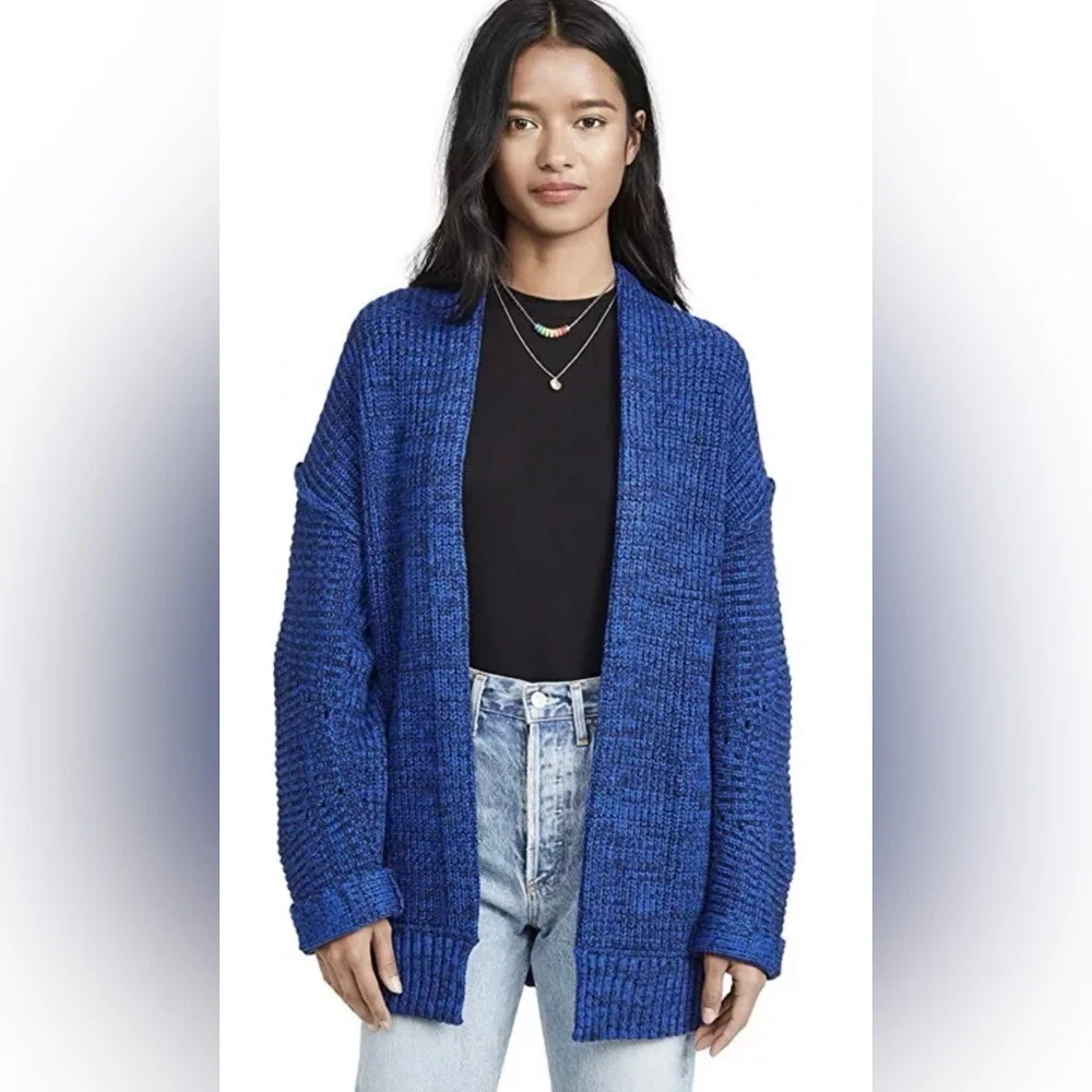 Free People High Hopes Chunky Knit Open‎ Front Cardigan in Blue Combo Size Large